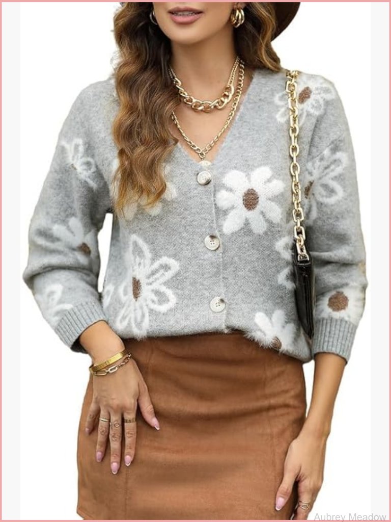 Open Front Floral Knit Cardigan V-Neck Long Sleeve